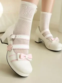 Chaussures Sweet Lolita avec n艙uds noirs et talons épais en cuir PU