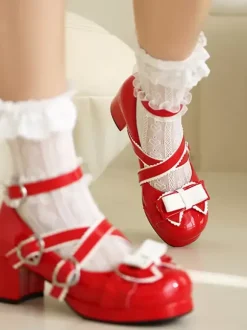 Chaussures Sweet Lolita avec n艙uds noirs et volants escarpins Lolita en cuir PU à talons épais