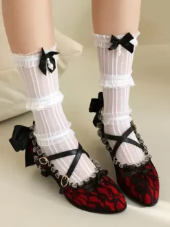 Chaussures Sweet Lolita Chaussures Lolita en dentelle rouge avec n艙uds et bout rond