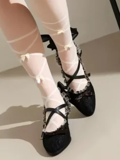 Chaussures Sweet Lolita Chaussures Lolita en dentelle rouge avec n艙uds et bout rond