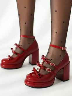 Chaussures Sweet Lolita Escarpins Lolita en cuir PU à bout rond et n艙uds blancs
