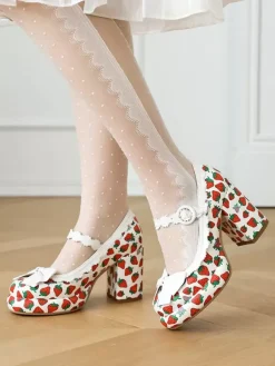 Chaussures Sweet Lolita Escarpins Lolita à talons épais en cuir PU avec n艙uds blancs et appliques