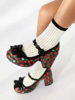 Chaussures Sweet Lolita Escarpins Lolita à talons épais en cuir PU avec n艙uds blancs et appliques