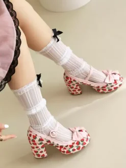 Chaussures Sweet Lolita Escarpins Lolita à talons épais en cuir PU avec n艙uds blancs et appliques