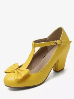 Chaussures Vintage blanches escarpins à talons épais avec n艙ud en T et bout rond