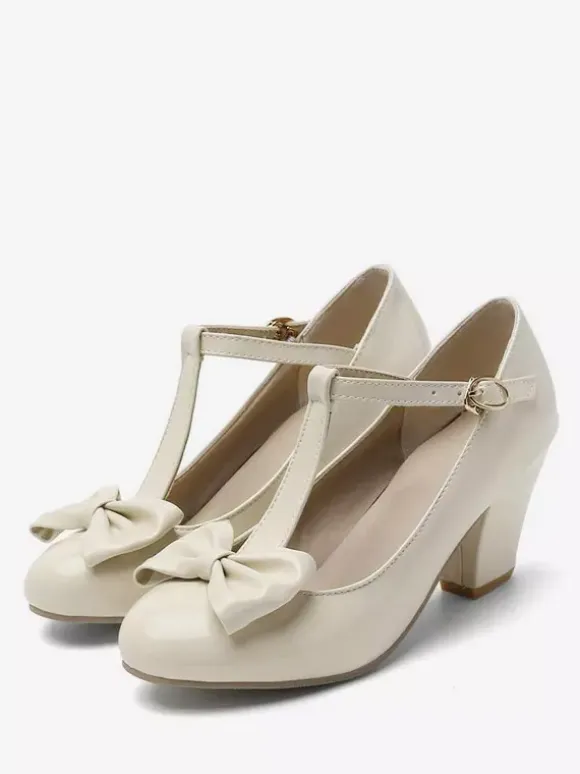 Chaussures Vintage blanches  escarpins à talons épais avec n艙ud en T et bout rond