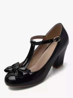 Chaussures Vintage blanches  escarpins à talons épais avec n艙ud en T et bout rond