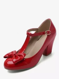 Chaussures Vintage blanches  escarpins à talons épais avec n艙ud en T et bout rond