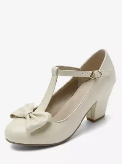 Chaussures Vintage blanches  escarpins à talons épais avec n艙ud en T et bout rond