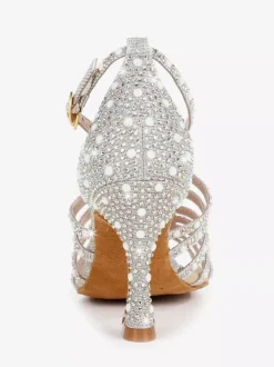 Chaussures de danse de salon en satin ornées de perles à bout ouvert et à talons hauts pour danse latine