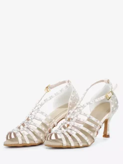 Chaussures de danse de salon en satin ornées de perles à bout ouvert et à talons hauts pour danse latine