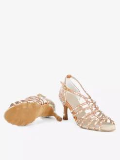 Chaussures de danse de salon en satin ornées de perles à bout ouvert et à talons hauts pour danse latine