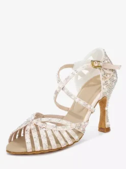 Chaussures de danse de salon en satin pour femmes bout ouvert strass croisées chaussures de danse latine