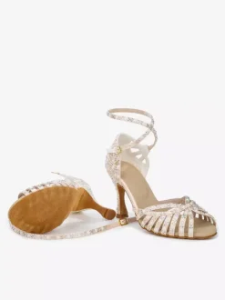 Chaussures de danse de salon en satin pour femmes bout ouvert strass croisées chaussures de danse latine