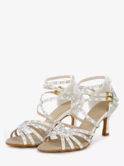 Chaussures de danse latine pour femmes bout ouvert perles talons hauts chaussures de bal de salon