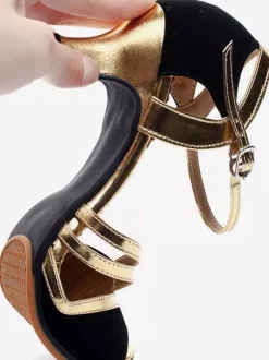 Chaussures de danse pour femmes en daim et cuir talon moyen bout ouvert