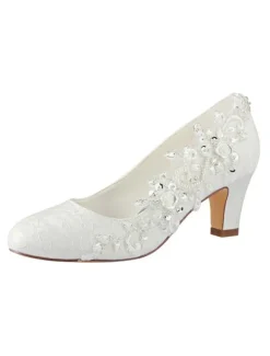 Chaussures de mariage en dentelle ivore à bout rond avec strass