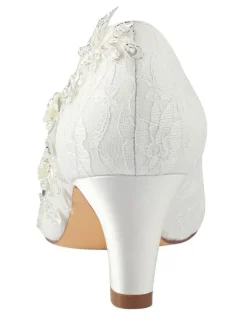 Chaussures de mariage en dentelle ivore à bout rond avec strass
