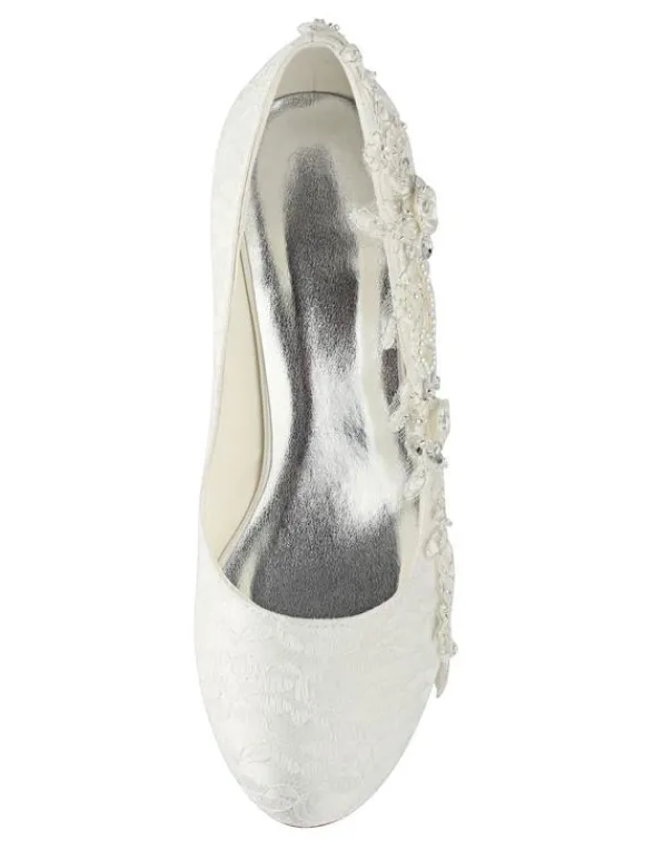 Chaussures de mariage en dentelle ivore à bout rond avec strass
