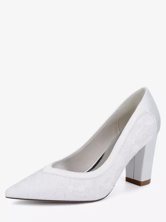 Chaussures de mariage en dentelle à bout pointu et talon épais pour invités de mariage