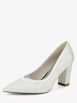 Chaussures de mariage en dentelle à bout pointu et talon épais pour invités de mariage