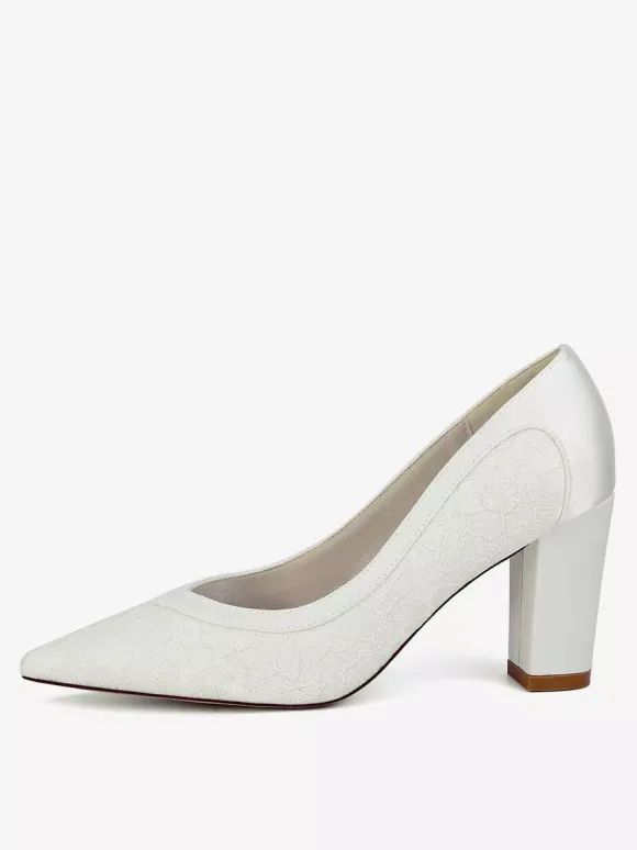 Chaussures de mariage en dentelle à bout pointu et talon épais pour invités de mariage