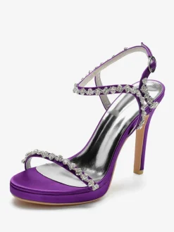 Chaussures de mariage en satin Bout ouvert Strass Boucle Détail Talon aiguille Sandales de mariée