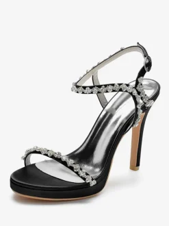 Chaussures de mariage en satin Bout ouvert Strass Boucle Détail Talon aiguille Sandales de mariée