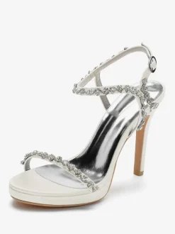 Chaussures de mariage en satin Bout ouvert Strass Boucle Détail Talon aiguille Sandales de mariée