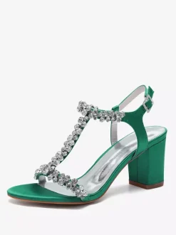 Chaussures de mariage en satin à talons épais et strass avec bride en T