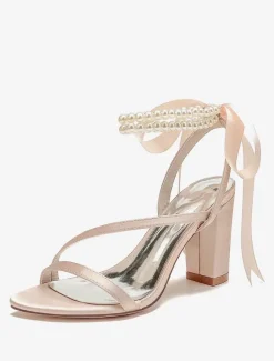 Chaussures de mariage en satin avec n艙uds blancs sandales de mariage à bout ouvert