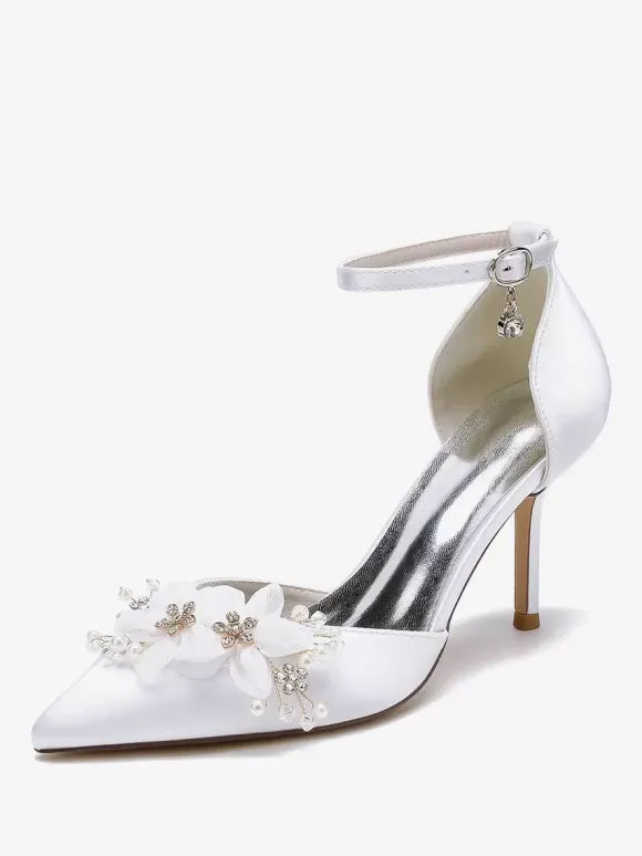 Chaussures De Mariage Escarpins De Mariée Fleur Bride En Satin À Bout Pointu