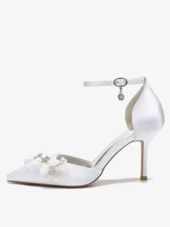 Chaussures De Mariage Escarpins De Mariée Fleur Bride En Satin À Bout Pointu