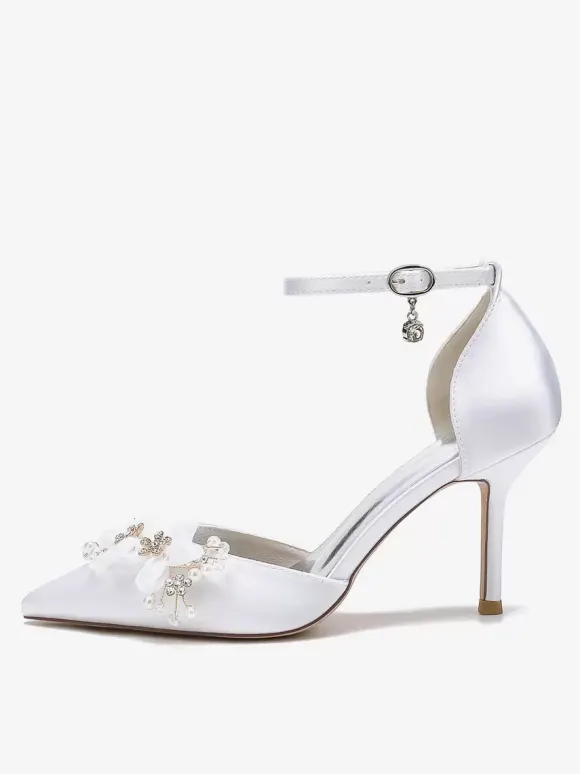 Chaussures De Mariage Escarpins De Mariée Fleur Bride En Satin À Bout Pointu