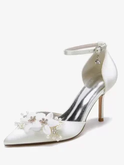 Chaussures De Mariage Escarpins De Mariée Fleur Bride En Satin À Bout Pointu