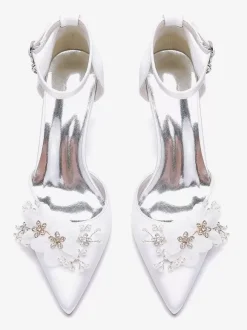 Chaussures De Mariage Escarpins De Mariée Fleur Bride En Satin À Bout Pointu