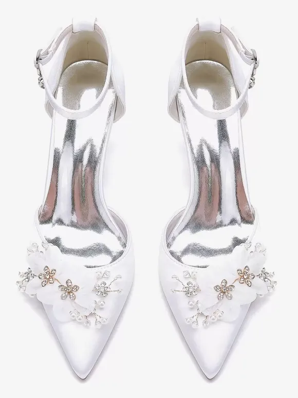 Chaussures De Mariage Escarpins De Mariée Fleur Bride En Satin À Bout Pointu
