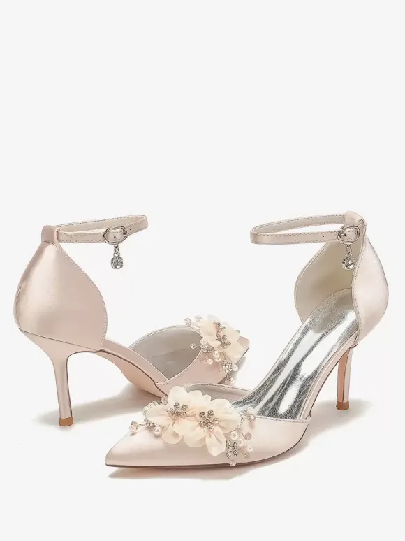 Chaussures De Mariage Escarpins De Mariée Fleur Bride En Satin À Bout Pointu