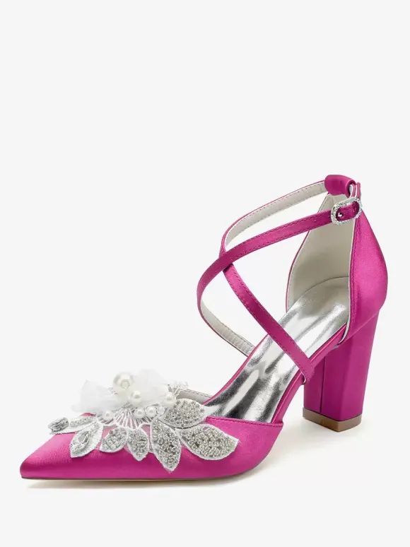 Chaussures De Mariage Escarpins De Mariée Satin Bout Pointu Strass Perle À Talon