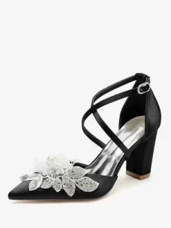 Chaussures De Mariage Escarpins De Mariée Satin Bout Pointu Strass Perle À Talon