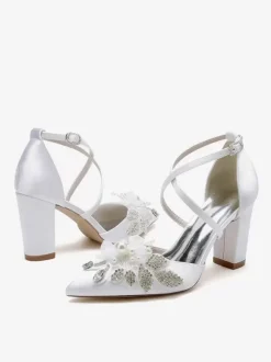 Chaussures De Mariage Escarpins De Mariée Satin Bout Pointu Strass Perle À Talon