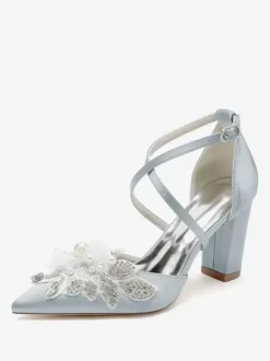 Chaussures De Mariage Escarpins De Mariée Satin Bout Pointu Strass Perle À Talon