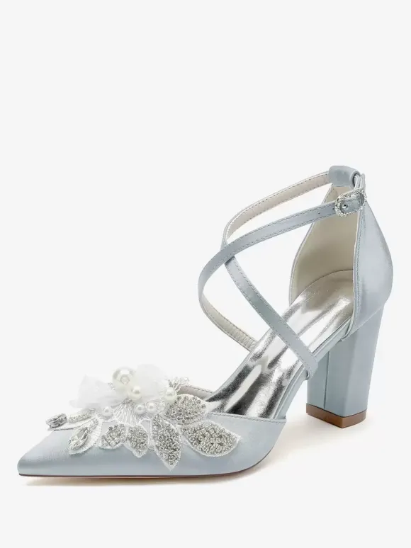 Chaussures De Mariage Escarpins De Mariée Satin Bout Pointu Strass Perle À Talon