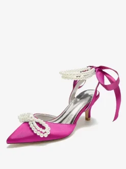 Chaussures De Mariage Femme Perle Lacet N艙ud Escarpins De Mariée En Satin À Bout Pointu