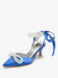 Chaussures De Mariage Femme Perle Lacet N艙ud Escarpins De Mariée En Satin À Bout Pointu