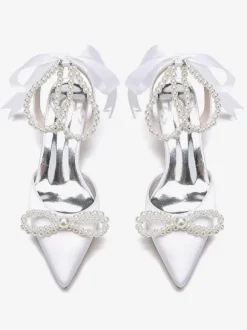 Chaussures De Mariage Femme Perle Lacet N艙ud Escarpins De Mariée En Satin À Bout Pointu
