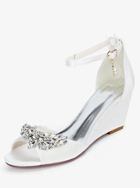 Chaussures de mariage perles de satin ivoire bout ouvert bride à la cheville talon compensé chaussures de mariée