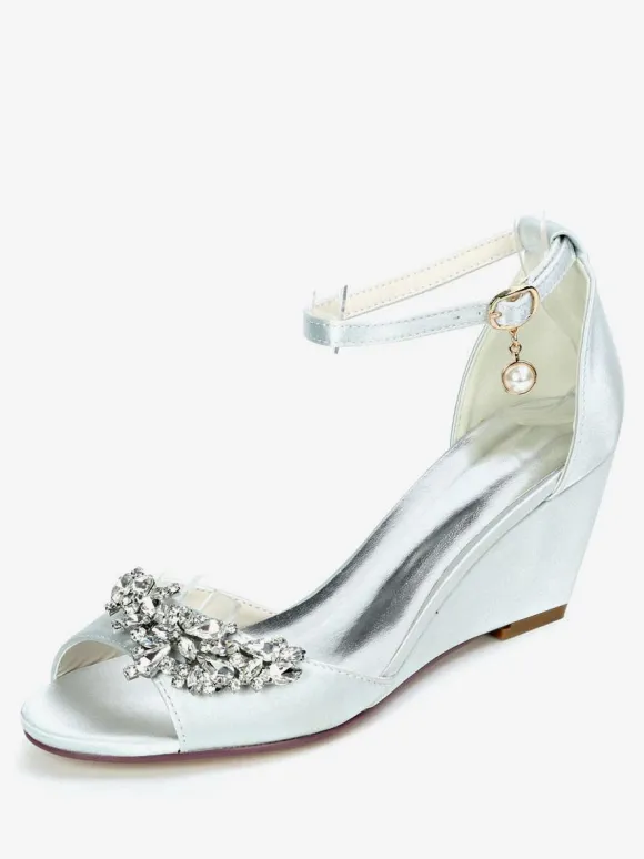 Chaussures de mariage perles de satin ivoire bout ouvert bride à la cheville talon compensé chaussures de mariée