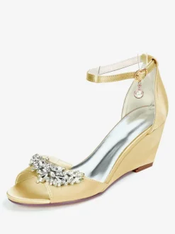 Chaussures de mariage perles de satin ivoire bout ouvert bride à la cheville talon compensé chaussures de mariée