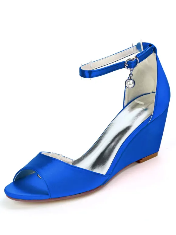 Chaussures de mariage perles de satin ivoire bout ouvert bride à la cheville talon compensé chaussures de mariée